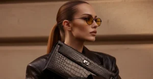 Woman wearing orange lens Selen Eyewear sunglasses in a luxury fashion portrait