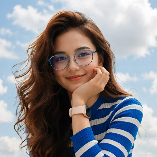 Young woman wearing blue Selen Eyewear glasses under a cloudy sky