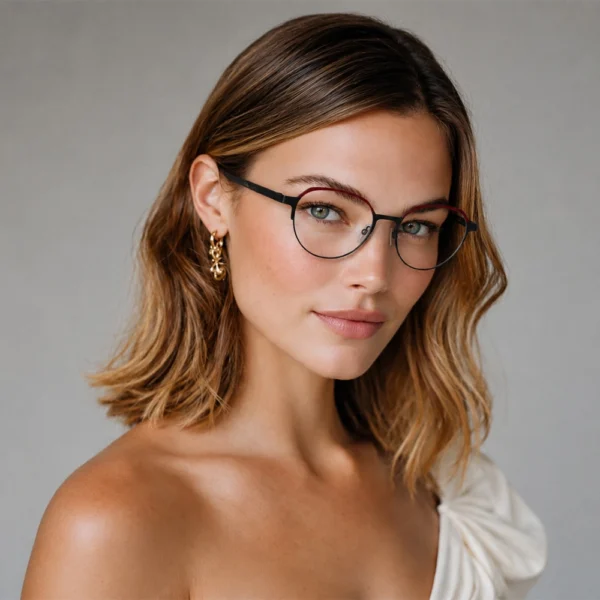 Woman wearing black burgundy Selen Eyewear glasses