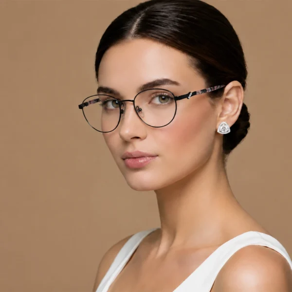 Woman wearing black round Selen Eyewear glasses