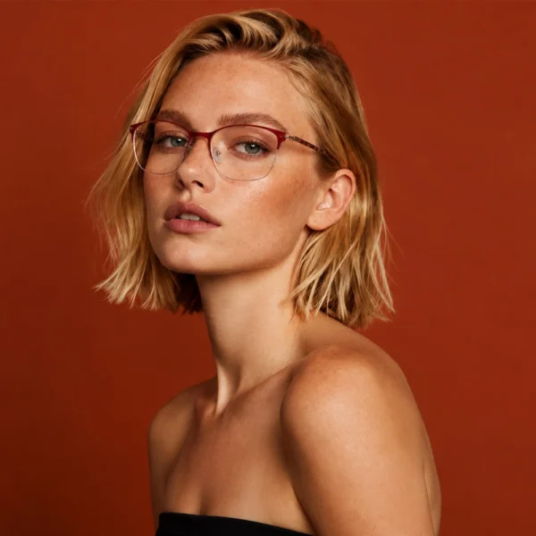 Blonde woman wearing burgundy Selen Eyewear glasses