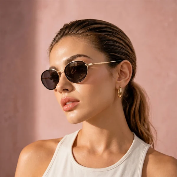 Woman wearing gold Selen Eyewear sunglasses in warm pink light