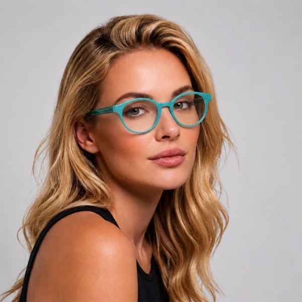 Blonde woman wearing turquoise Selen Eyewear glasses