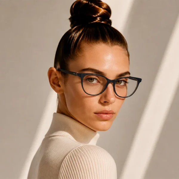 Woman wearing dark blue Selen Eyewear glasses in warm light