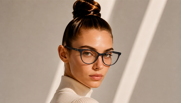 Woman wearing dark blue Selen Eyewear glasses in warm light