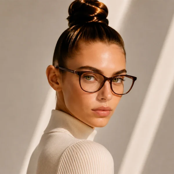 Woman wearing brown Selen Eyewear glasses in warm light