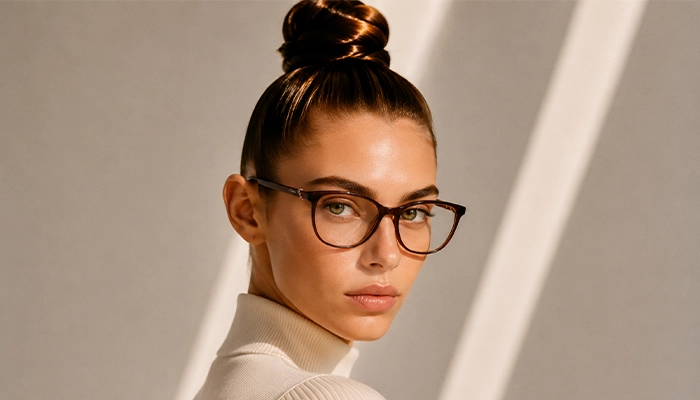 Woman wearing brown Selen Eyewear glasses in warm light