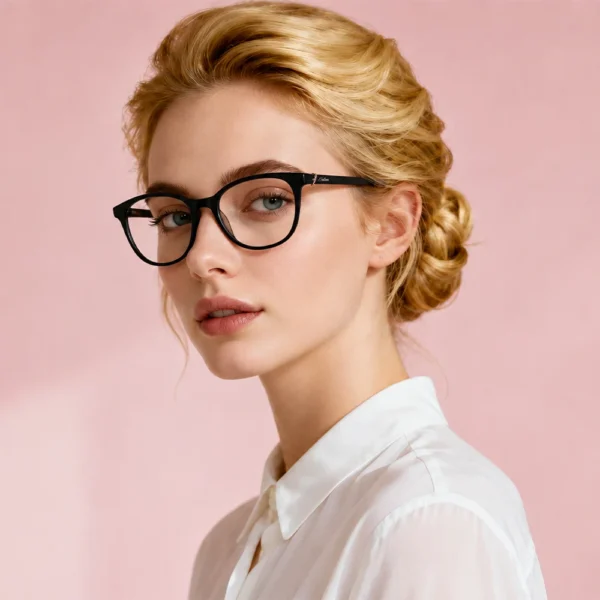 Blonde woman wearing black Selen Eyewear glasses