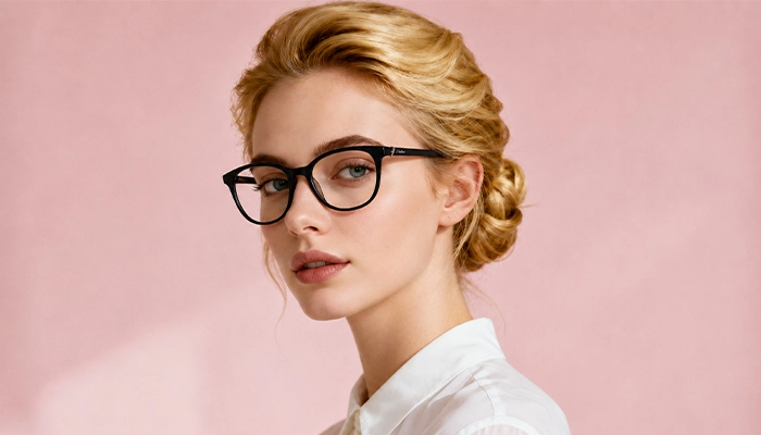 Blonde woman wearing black Selen Eyewear glasses
