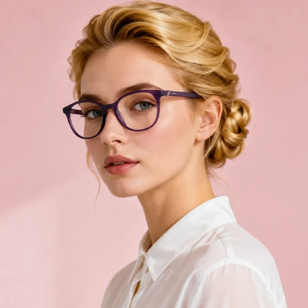 Blonde woman wearing purple Selen Eyewear glasses