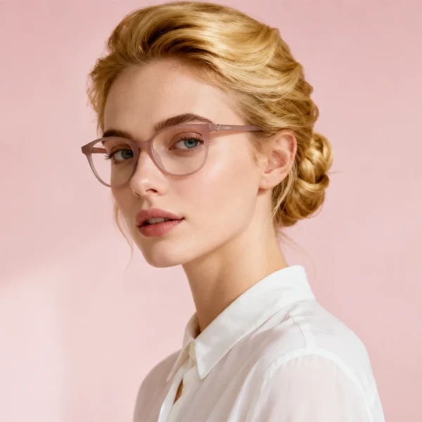 Blonde woman wearing transparent pink Selen Eyewear glasses