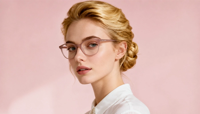 Blonde woman wearing transparent pink Selen Eyewear glasses