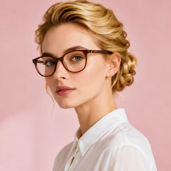 Blonde woman wearing brown Selen Eyewear glasses