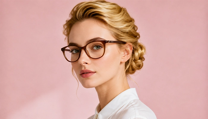 Blonde woman wearing brown Selen Eyewear glasses