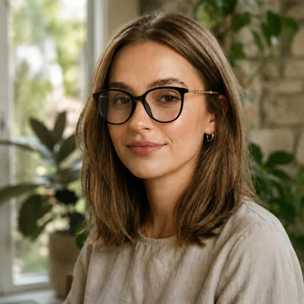 Young woman wearing black Selen Eyewear glasses