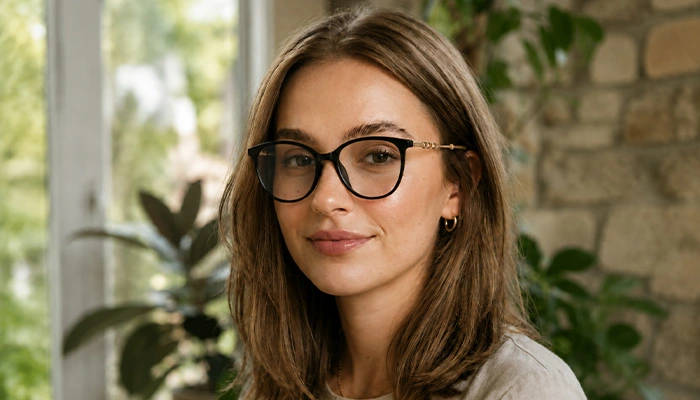 Young woman wearing black Selen Eyewear glasses