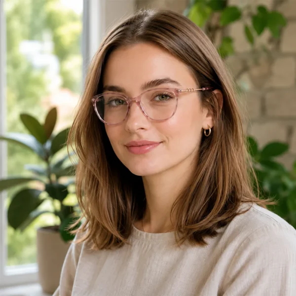 Young woman wearing transparent pink Selen Eyewear glasses