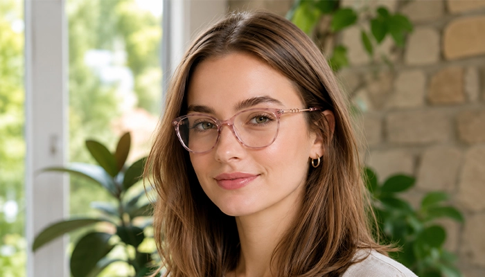 Young woman wearing transparent pink Selen Eyewear glasses