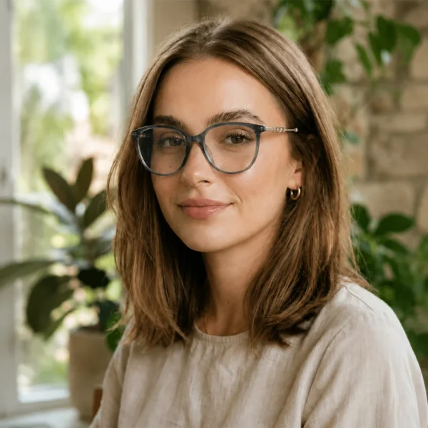 Young woman wearing translucent gray Selen Eyewear glasses