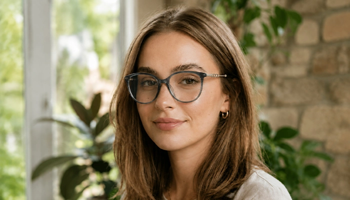 Young woman wearing translucent gray Selen Eyewear glasses