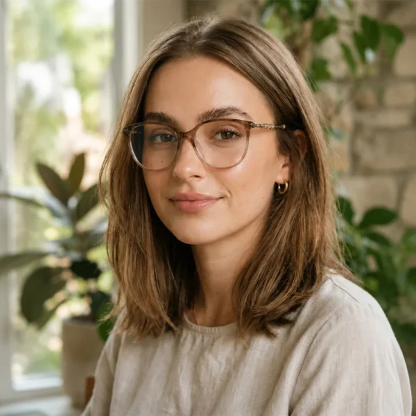 Young woman wearing transparent beige Selen Eyewear glasses