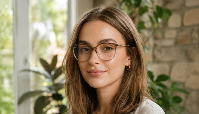 Young woman wearing transparent beige Selen Eyewear glasses