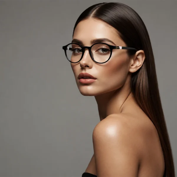 Elegant woman wearing black Selen Eyewear glasses
