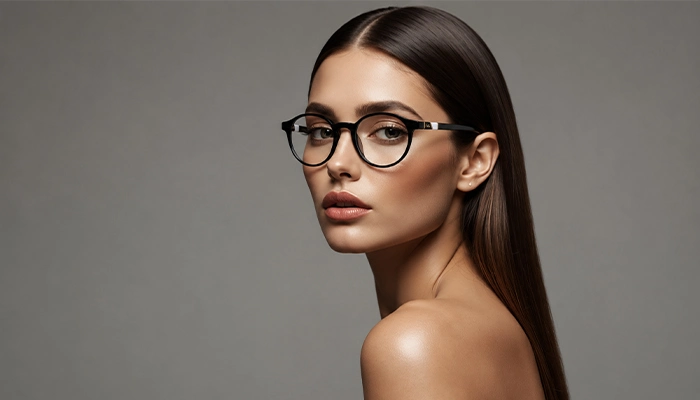 Elegant woman wearing black Selen Eyewear glasses