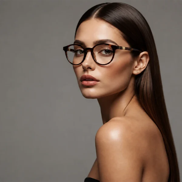 Elegant woman wearing tortoise brown Selen Eyewear glasses