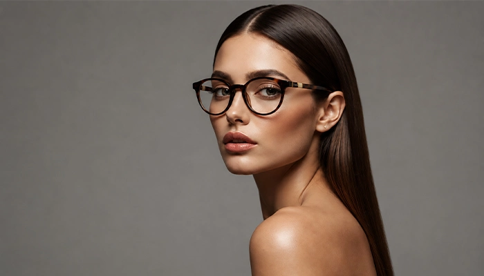 Elegant woman wearing tortoise brown Selen Eyewear glasses