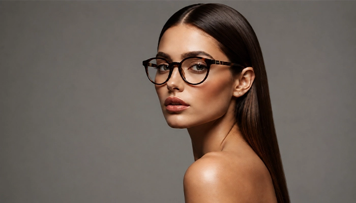 Elegant woman wearing brown Selen Eyewear glasses