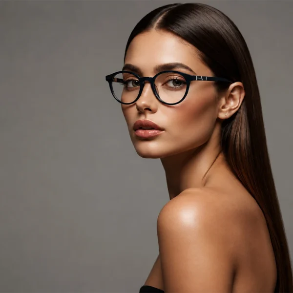 Elegant woman wearing navy Selen Eyewear glasses