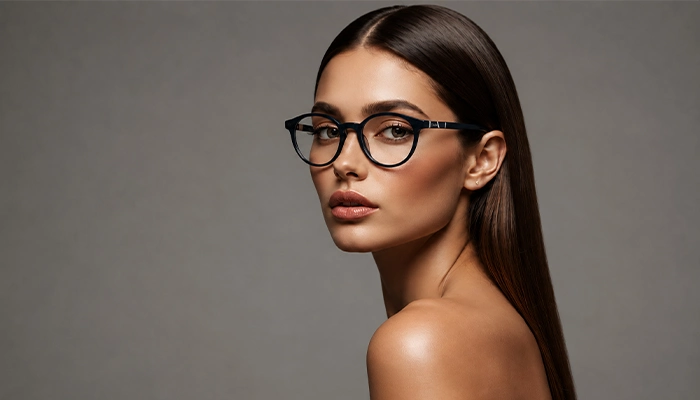 Elegant woman wearing navy Selen Eyewear glasses