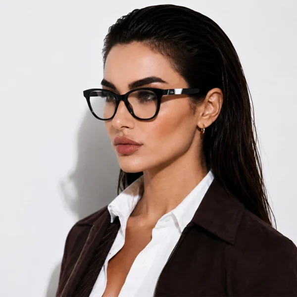 Elegant woman wearing black Selen Eyewear glasses