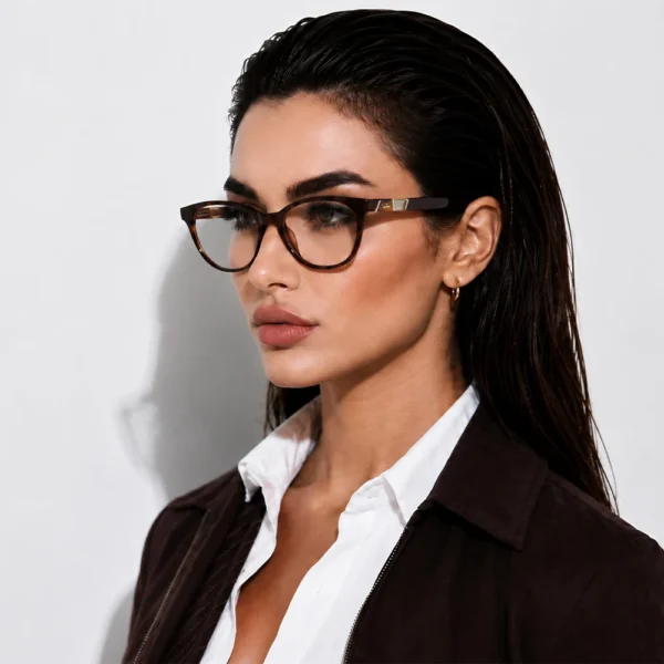Elegant woman wearing brown Selen Eyewear glasses