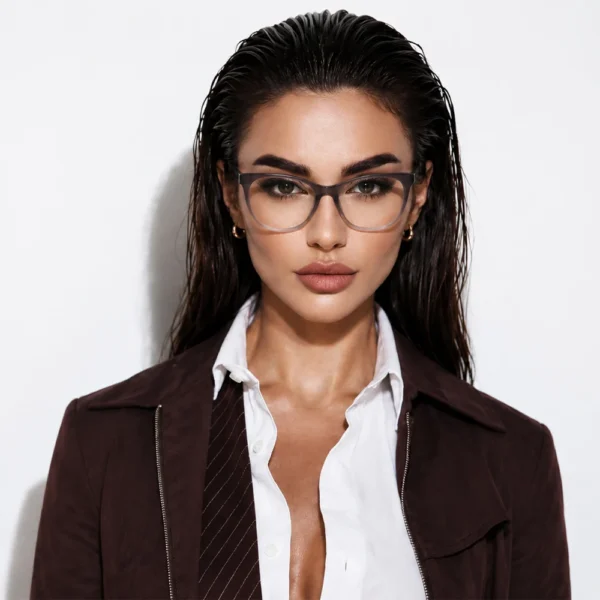 Elegant woman wearing translucent gray Selen Eyewear glasses