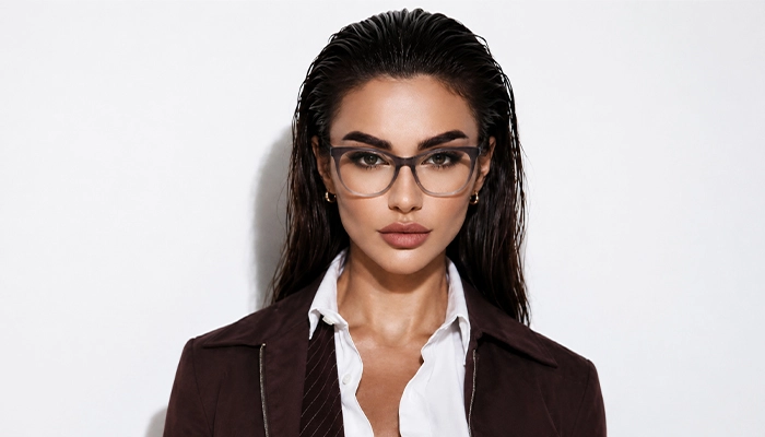 Elegant woman wearing translucent gray Selen Eyewear glasses