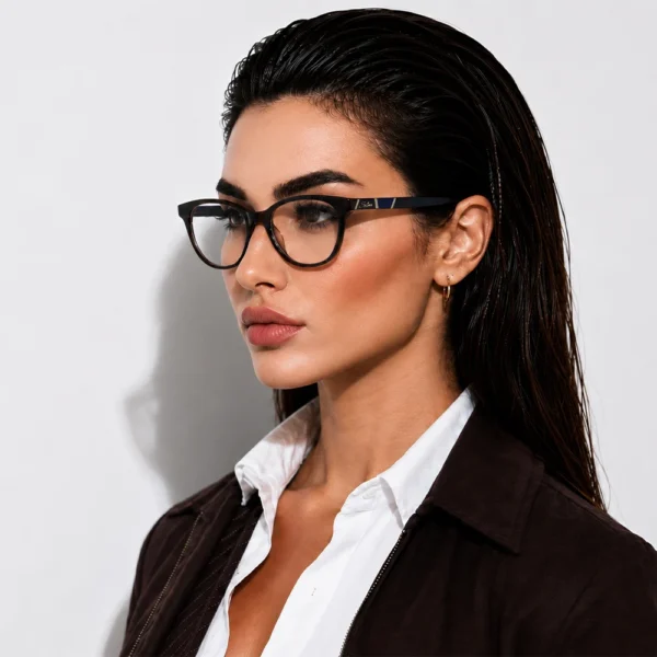 Elegant woman wearing black Selen Eyewear glasses