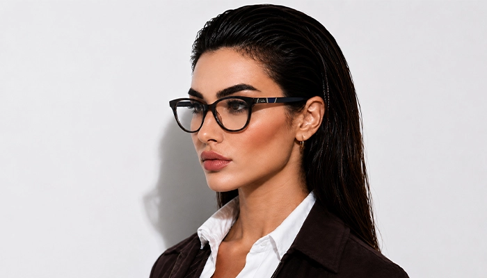 Elegant woman wearing black Selen Eyewear glasses