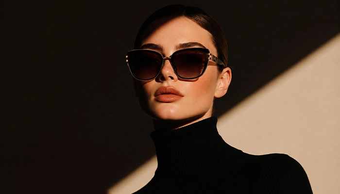 Elegant woman wearing burgundy gold Selen Eyewear sunglasses