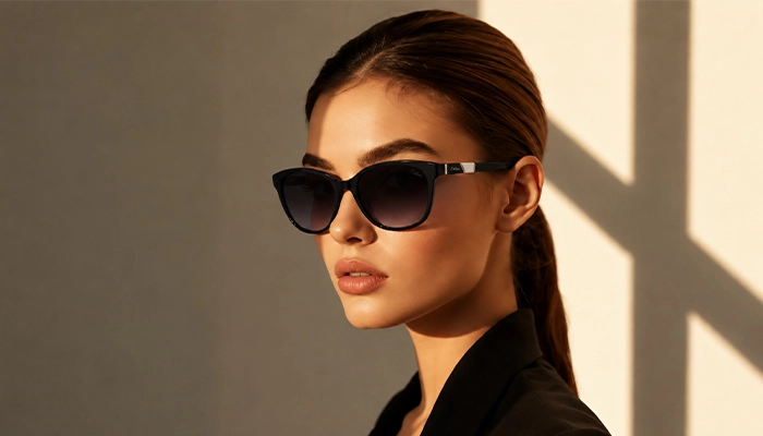 Elegant woman wearing black Selen Eyewear sunglasses