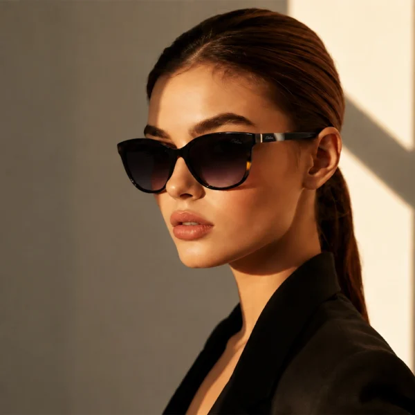 Elegant woman wearing black Selen Eyewear sunglasses