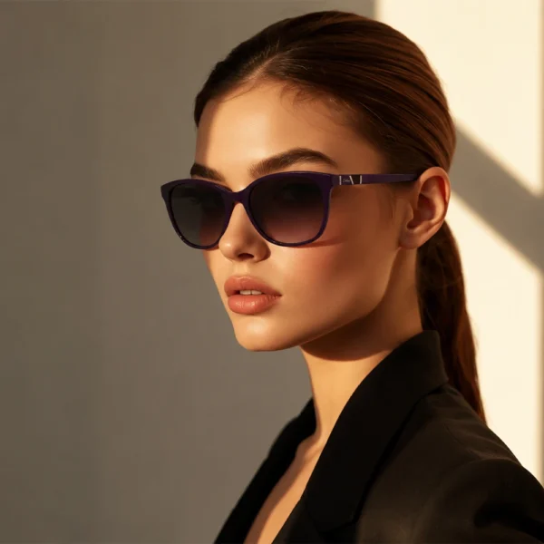 Elegant woman wearing purple Selen Eyewear sunglasses