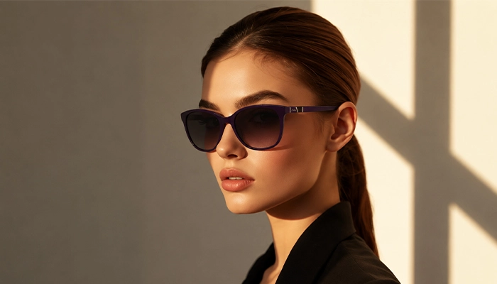 Elegant woman wearing purple Selen Eyewear sunglasses