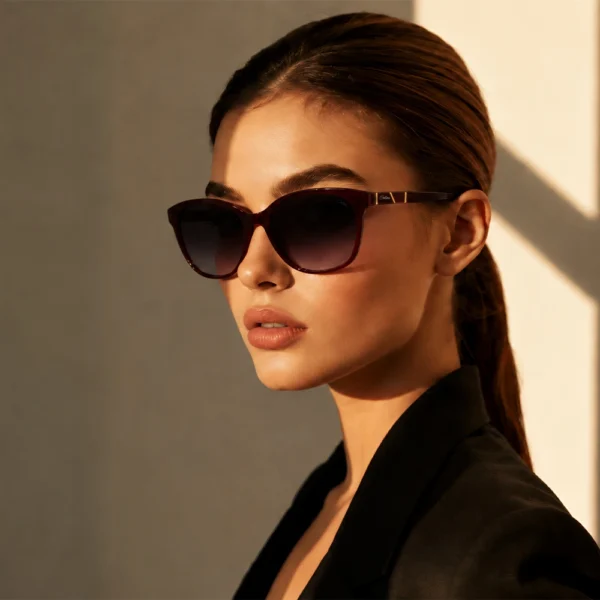 Elegant woman wearing burgundy Selen Eyewear sunglasses