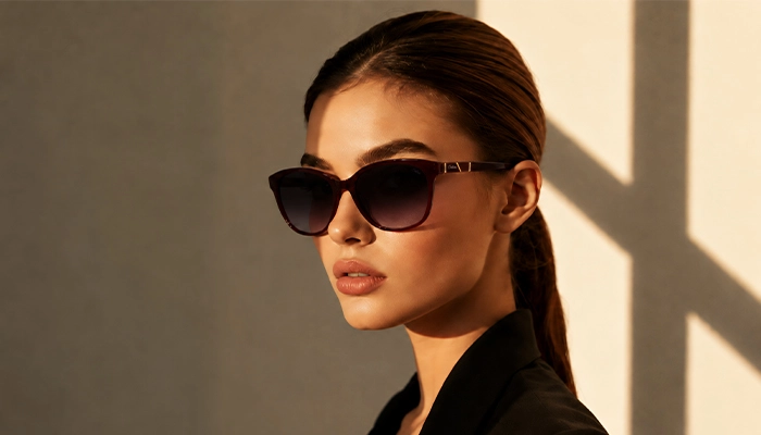 Elegant woman wearing burgundy Selen Eyewear sunglasses