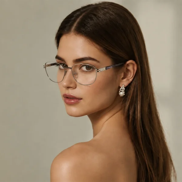 Elegant woman wearing light silver Selen Eyewear glasses