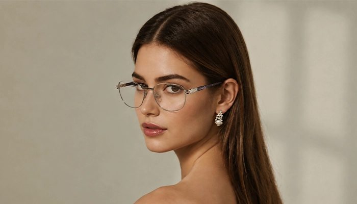 Elegant woman wearing light silver Selen Eyewear glasses
