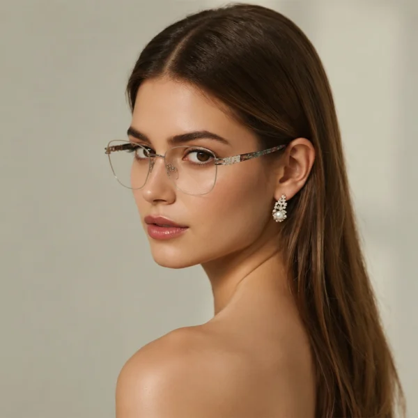 Elegant woman wearing light silver Selen Eyewear glasses