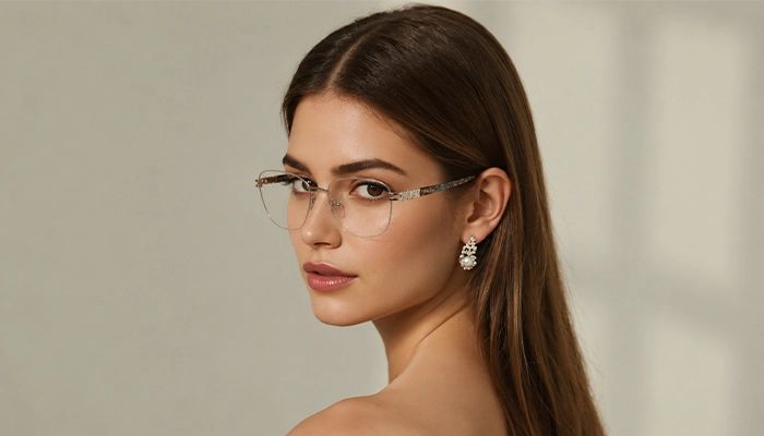 Elegant woman wearing light silver Selen Eyewear glasses
